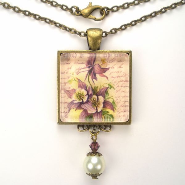   Flower Art Glass Pendant Brass Necklace Vintage Charm Jewelry
