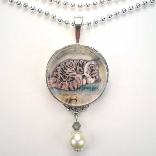 Sleeping Cat Kitten Vtg Charm Art Glass Pendant Necklace by 